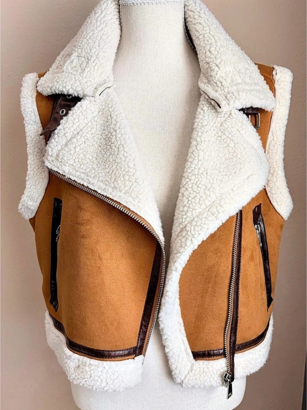 Mark Edwards Studio Faux Suede Shearling-Look Moto Vest Brown Size Medium NWT